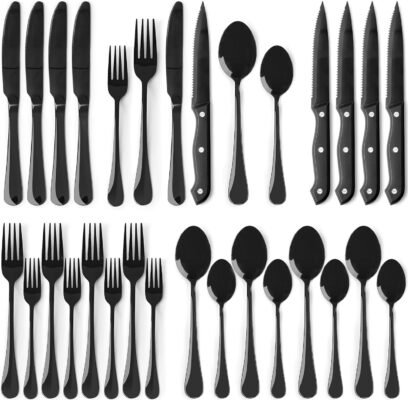 Astercook 24-Piece Black Silverware Set with Steak Knives Flatware Set for 4 Food-Grade Stainless Steel Cutlery Set Mirror Polished Utensils Set Include Spoons and Forks for Home Kitchen Restaurant